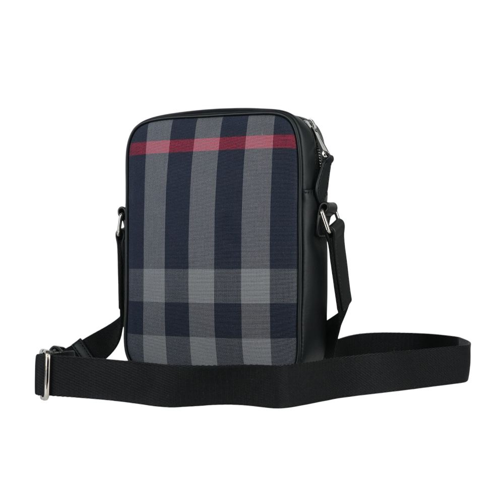 BURBERRY Paddy 格紋帆布及牛皮直式斜背包/海軍藍/灰色, , large