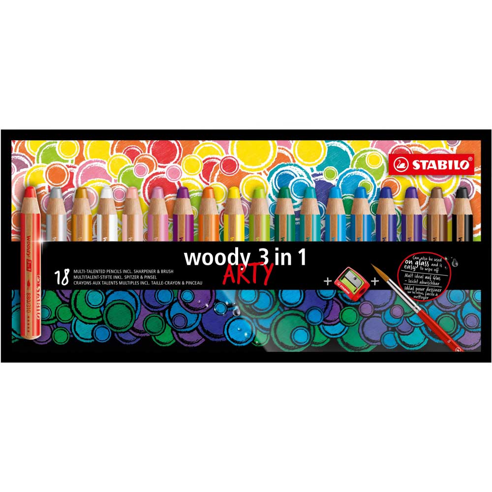 STABILO 德國 思筆樂 woody 3 in 1 ARTY 伍迪樂三合一可水洗水彩粉蠟筆 附削筆器 18支組/盒 ST880/18-1-20, , large