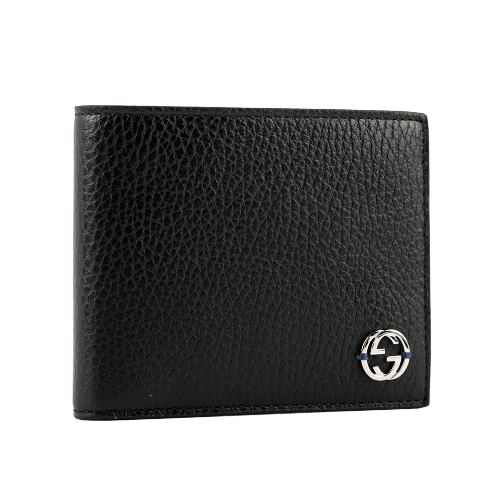 GUCCI 金屬縫線雙G Logo牛皮雙色6卡短夾/黑色/藍色, , large