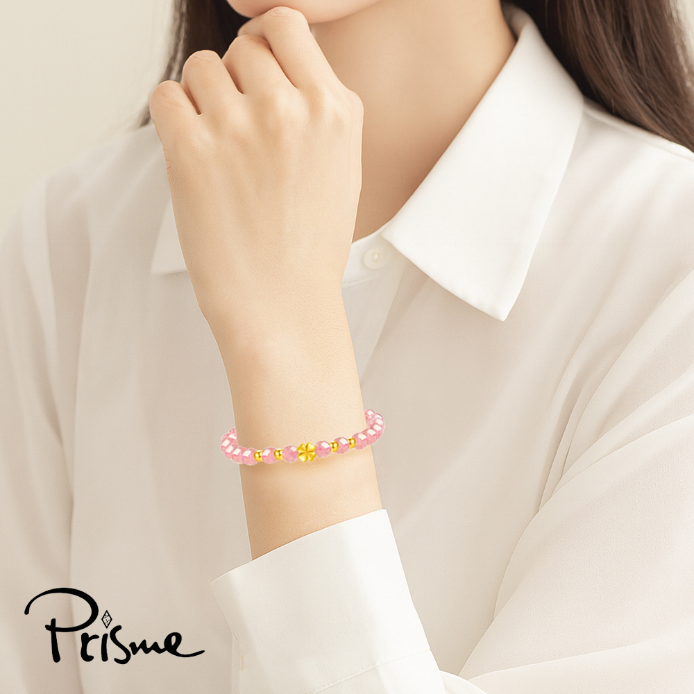 【Prisme Gold】黃金手鍊 999純金綴飾粉珠手鍊 (金重：約0.05錢&plusmn;0.02) - 優雅四葉草, , large