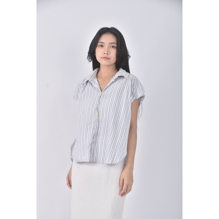 (S) 質感條紋藍色短袖上衣二手衣, , large