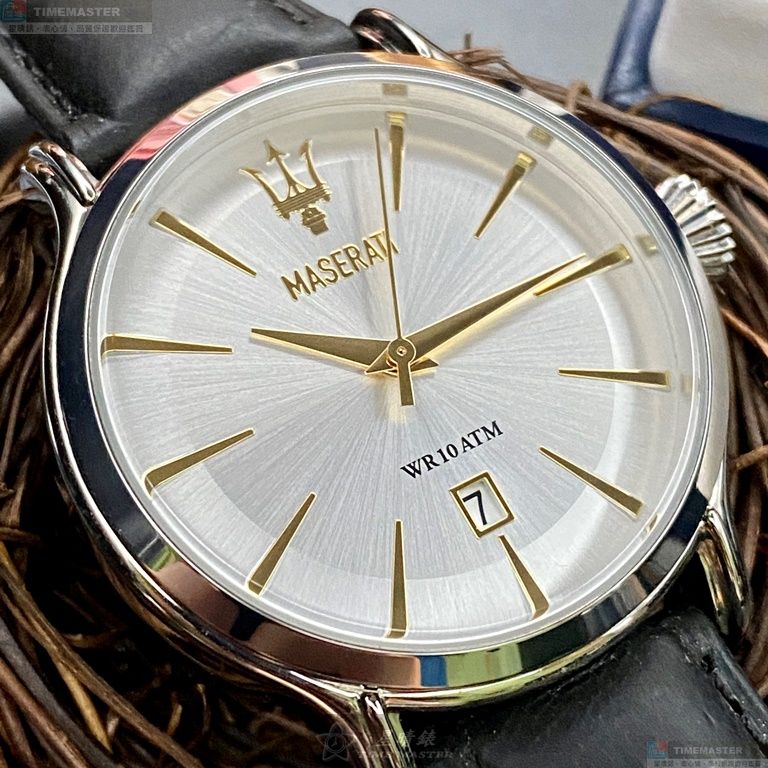 [星晴錶業]MASERATI手錶,42mm,R8851118002白色錶面銀錶殼深黑色真皮皮革錶帶款, , large