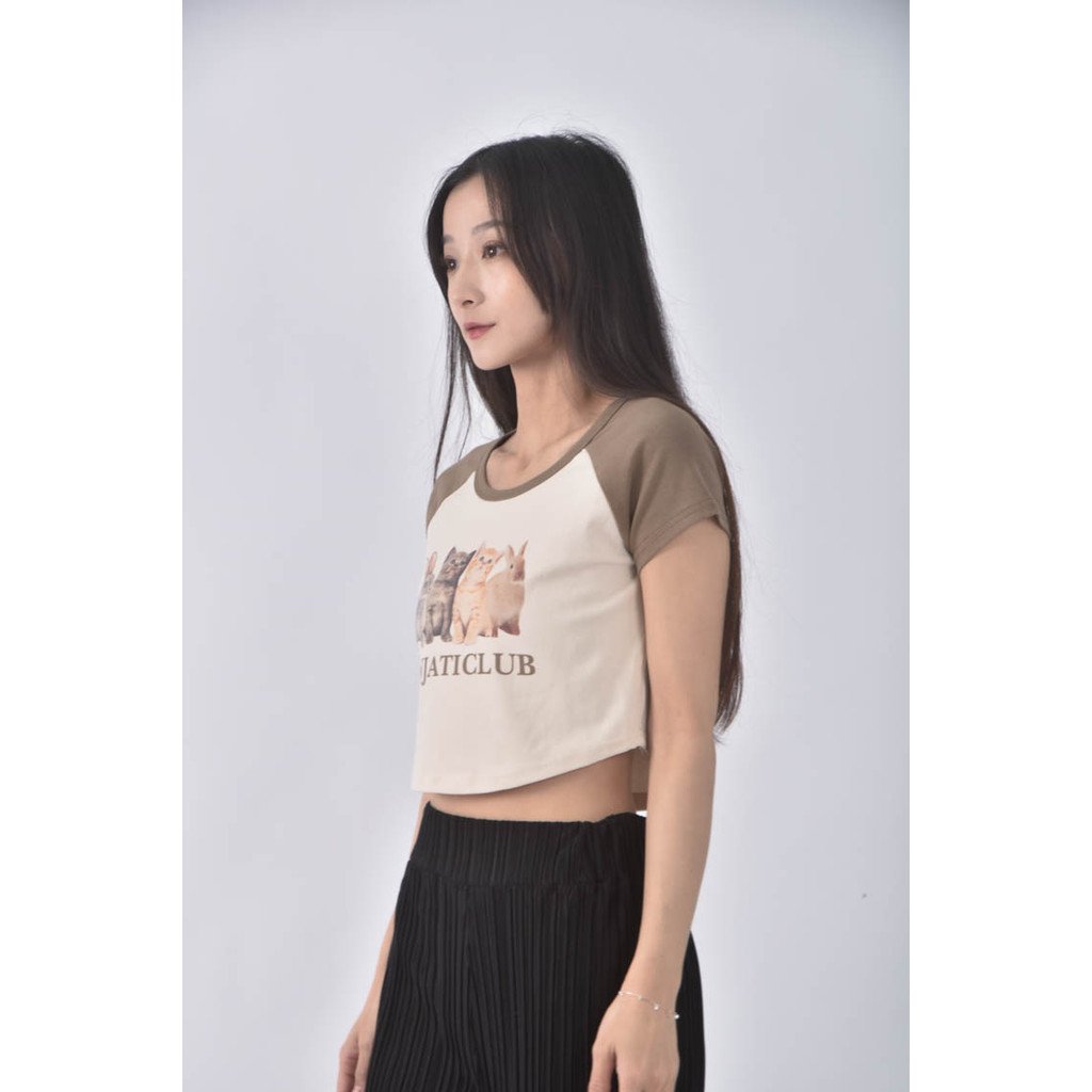 (S) 【粿粿私服】cindy韓牌修身短版棉質貓咪棕色短袖上衣二手衣, , large