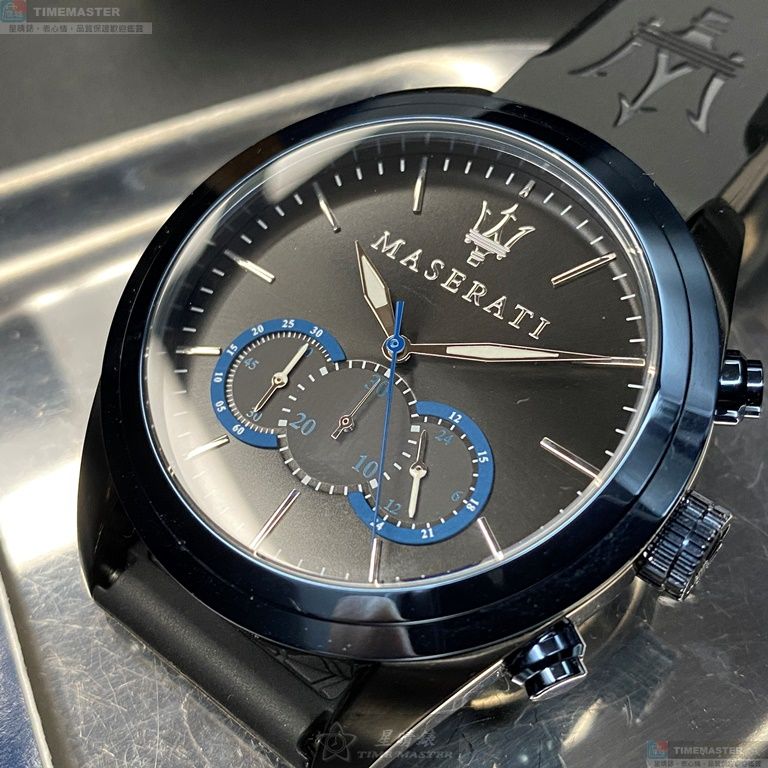 [星晴錶業]MASERATI手錶,46mm,R8871612006黑色錶面寶藍錶殼深黑色矽膠錶帶款, , large