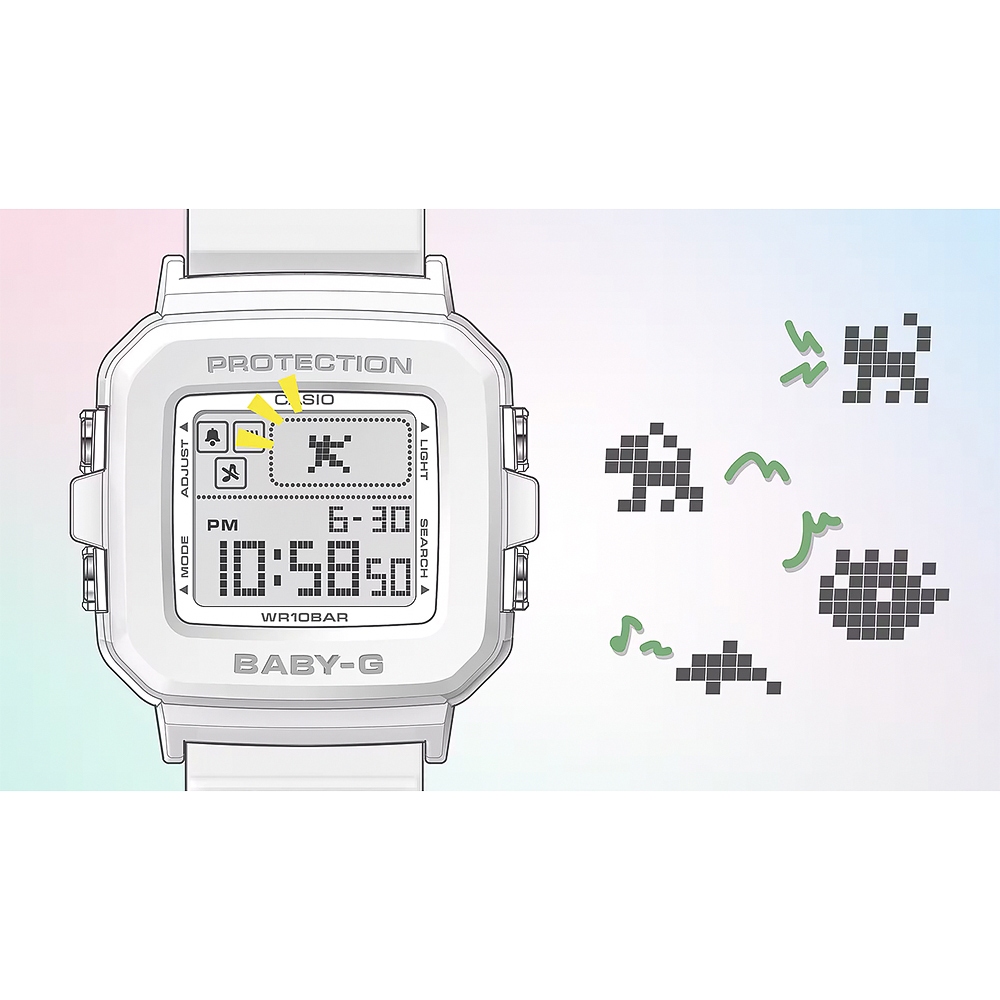 CASIO 卡西歐 BABY-G 隨附6個繽紛錶帶環 像素動畫手錶 BGD-10L-2, , large