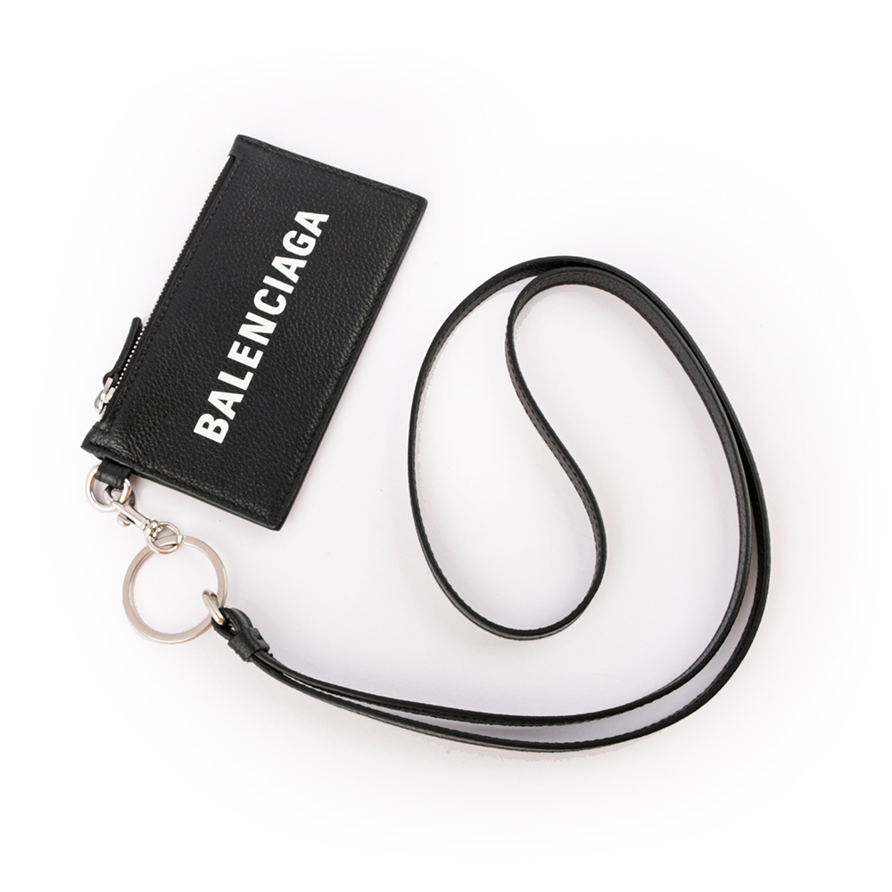 BALENCIAGA 經典Logo牛皮小款卡片夾/附可拆式掛繩/黑色, , large
