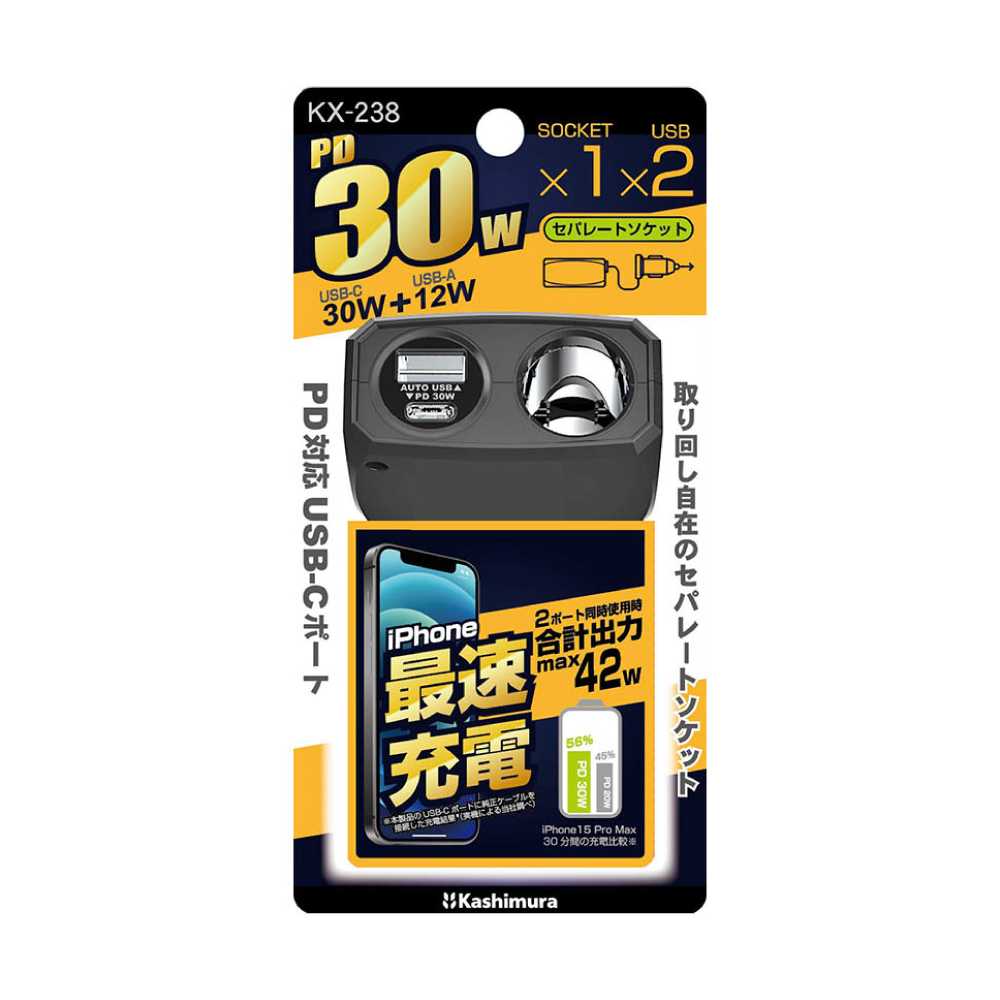 Kashimura 單孔電源插座+QC+PD快充30W, , large