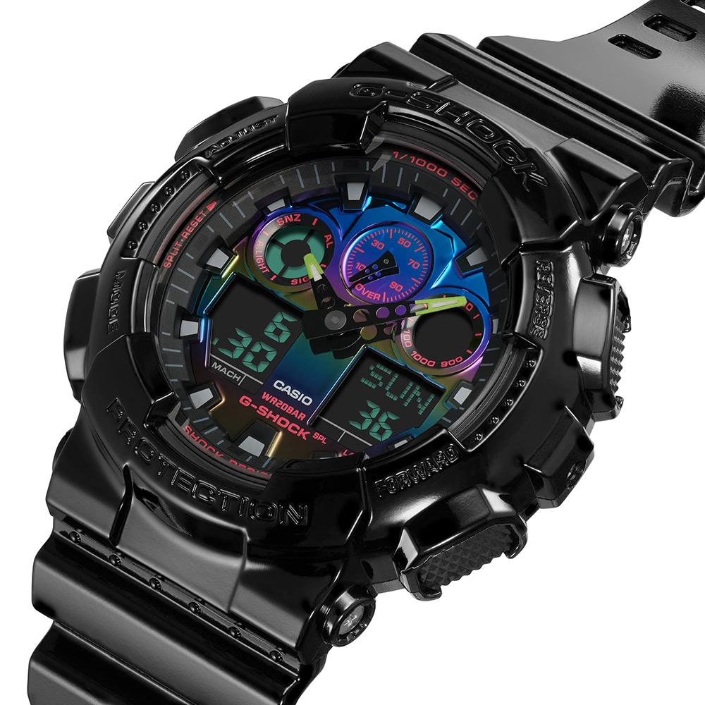 CASIO 卡西歐 G-SHOCK AI 探索虛擬彩虹系列雙顯手錶 GA-100RGB-1A, , large
