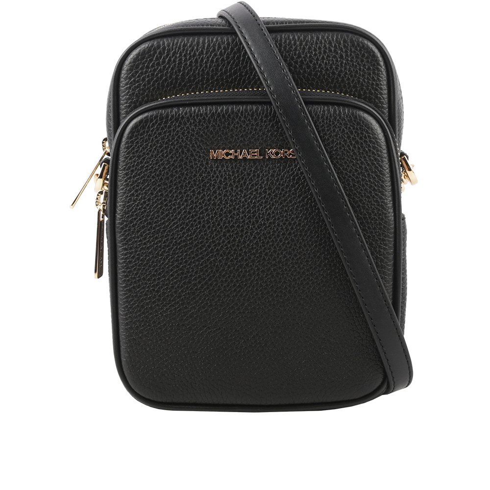 Michael Kors 金字荔枝皮革拉鍊中款直式斜背包/黑色, , large