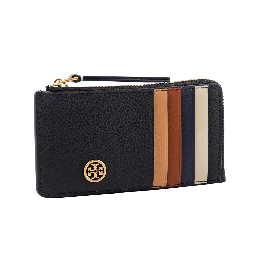 Tory Burch Robinson 荔枝皮革拼色多功能拉鍊卡片夾/黑色, , large