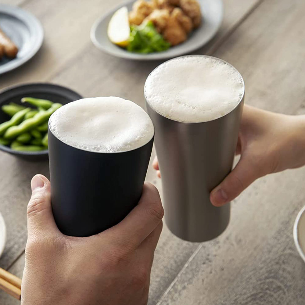 【日本孔雀Peacock】不鏽鋼真空斷熱 居酒屋 保冷保溫 啤酒杯 鋼杯420ML-磨砂黑, 磨砂黑, large