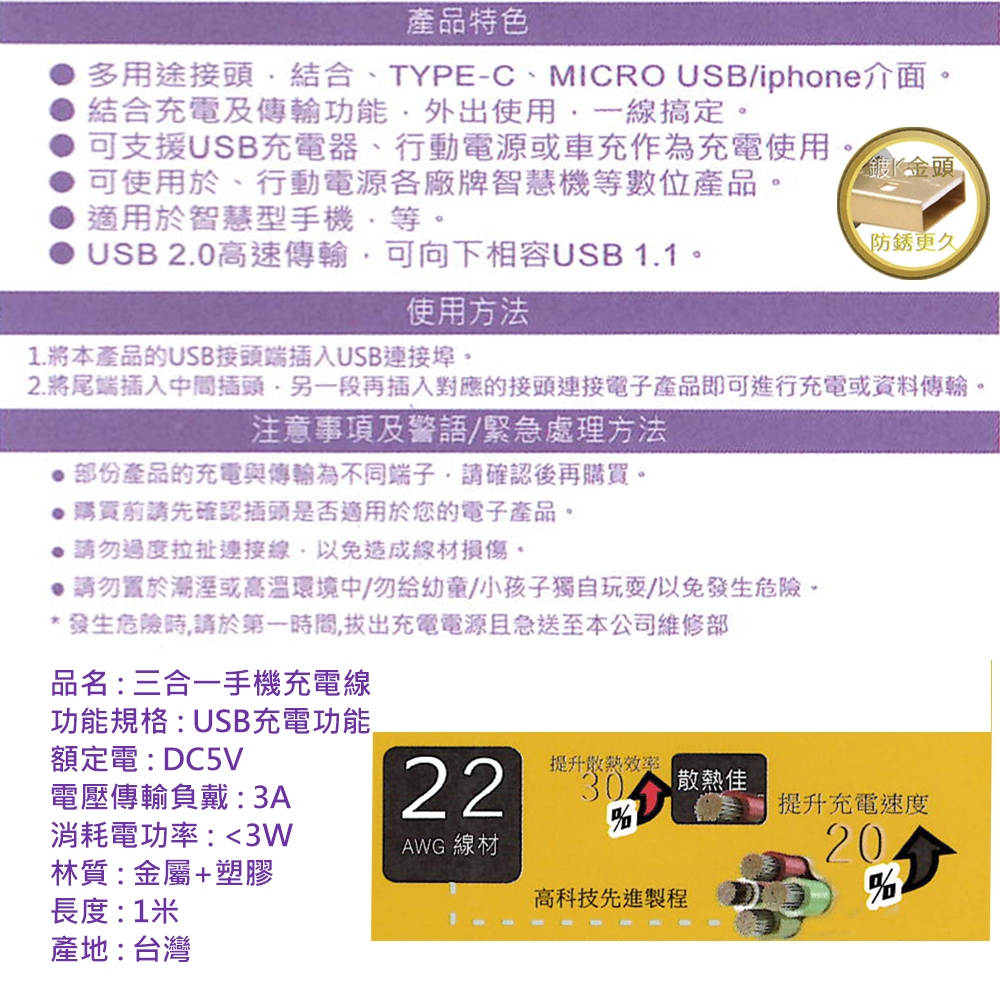 GS MALL 台灣製造 三合一充電線 溫度保護斷電充電線 傳輸線 快充線 USB線 TYPE-C 充電線 MICRO, , large