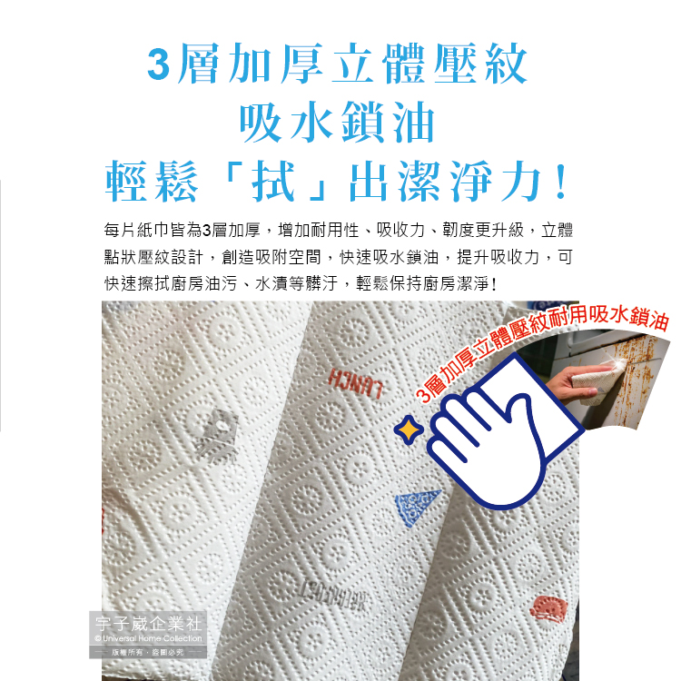 [日日好物]德國Rossmann-Alouette三層加厚印花壓紋吸水吸油乾濕兩用多用途廚房紙巾102片x2捲/袋(拋棄式抹布), , large