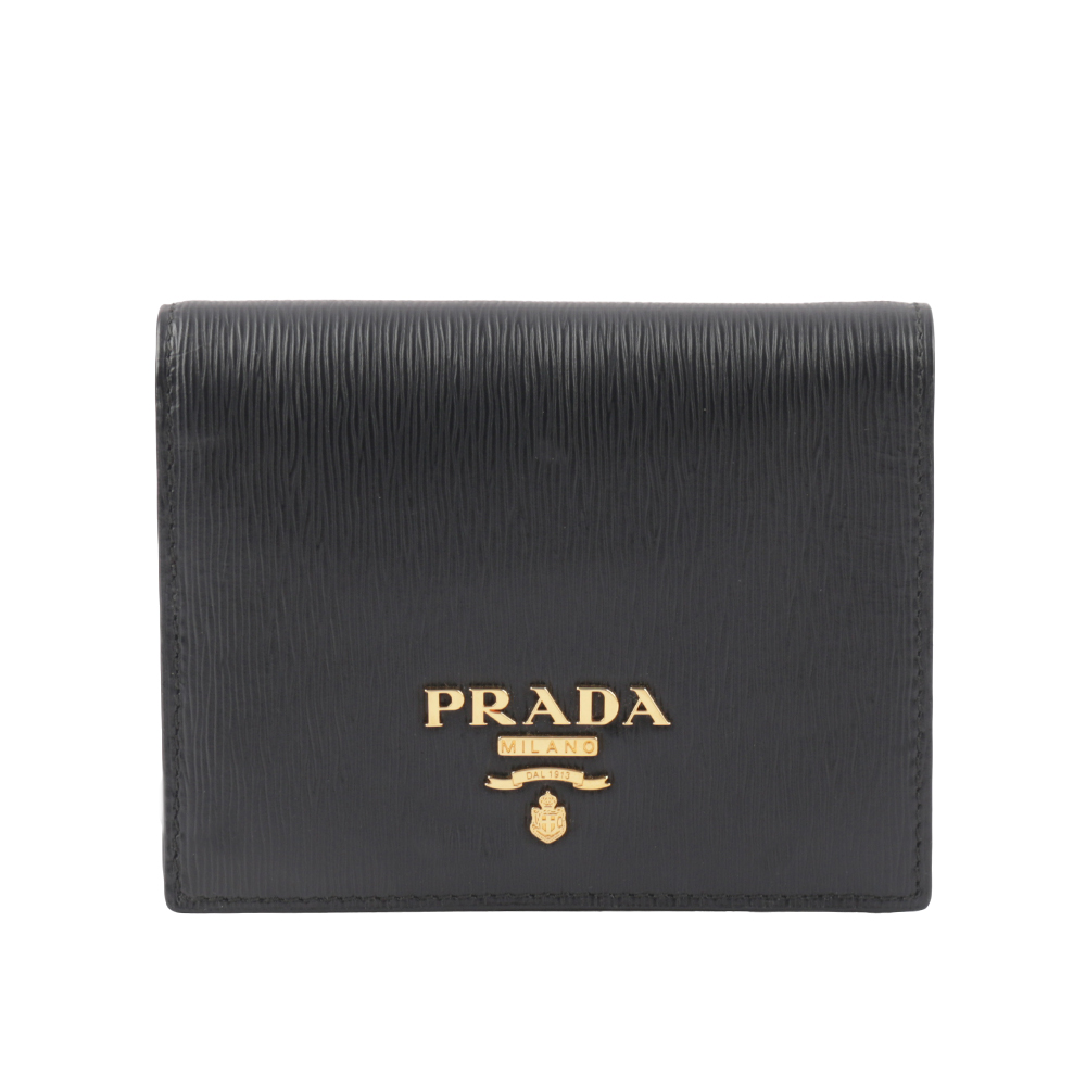 PRADA 浮雕Logo 水波紋皮革二折零錢袋短夾/黑色, , large