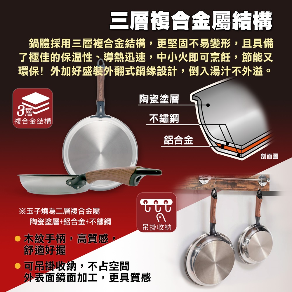 【日本北陸hokua】Mecera Zero陶瓷IH三層複合金不沾平底鍋24cm(含蓋), , large