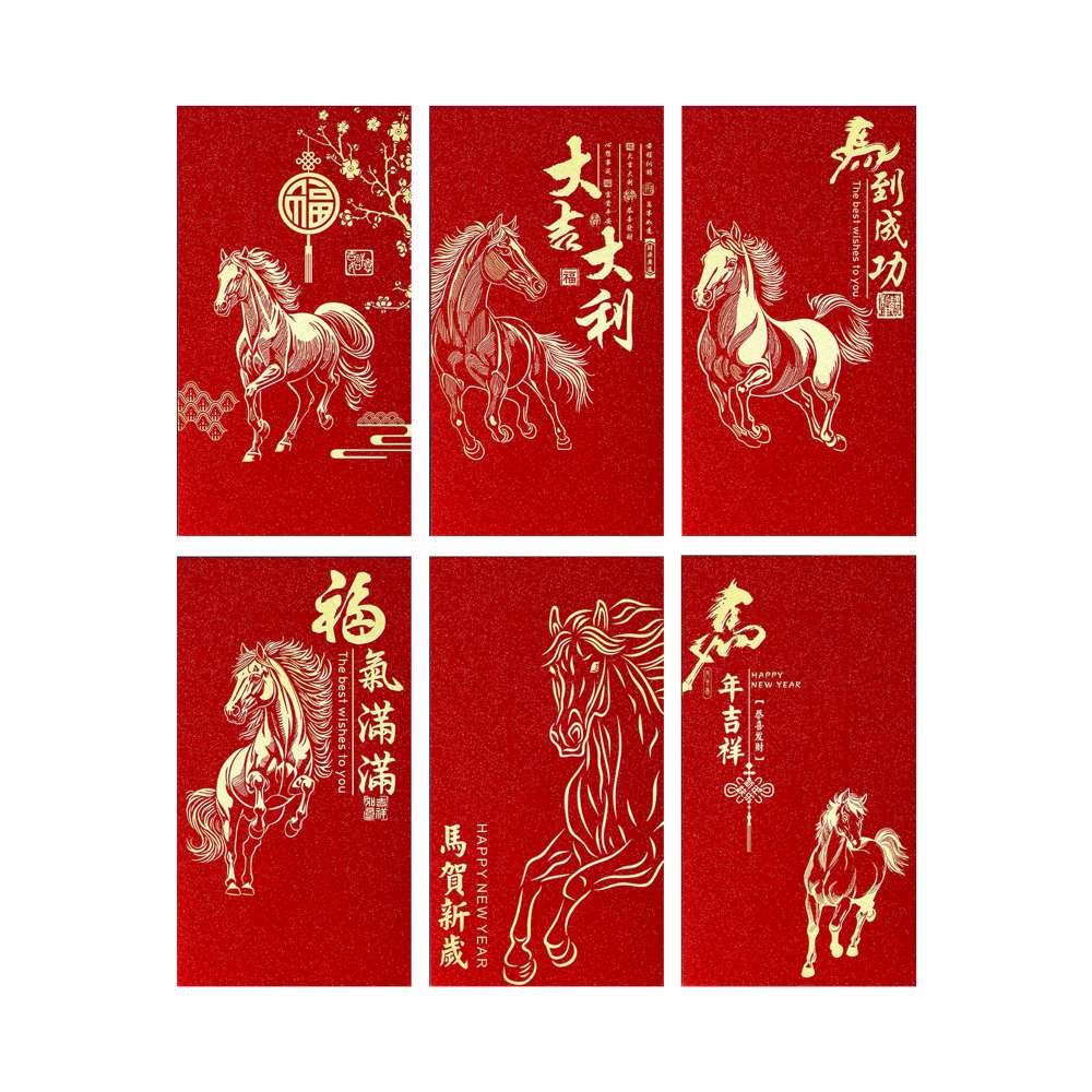 摩達客◉春節開運招財◉馬年福語馬圖騰精緻藝術燙金紅包袋_6款圖案共12入組, , large