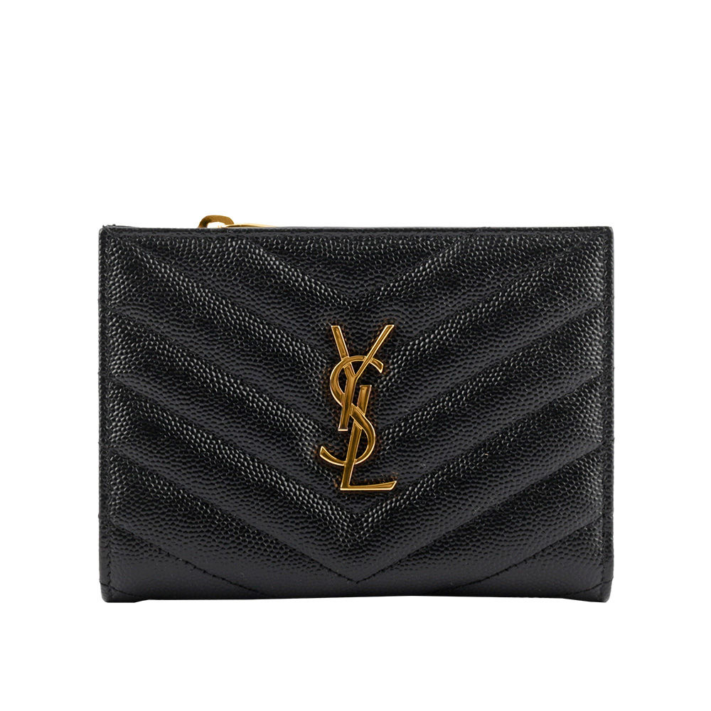 YSL 山形紋魚子醬皮金字拉鍊零錢袋二折短夾/黑色, , large
