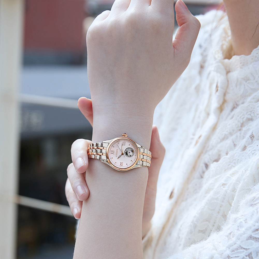 CITIZEN 星辰 小鏤空優雅機械女錶-銀x玫瑰金/28.5mm PR1044-87X, , large