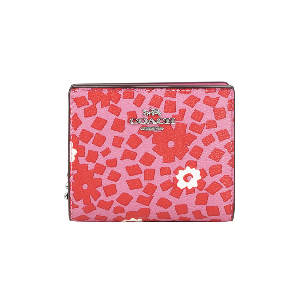 COACH C Logo 拉鍊拼貼花卉塗層帆布暗釦二折短夾(粉紅色), , large