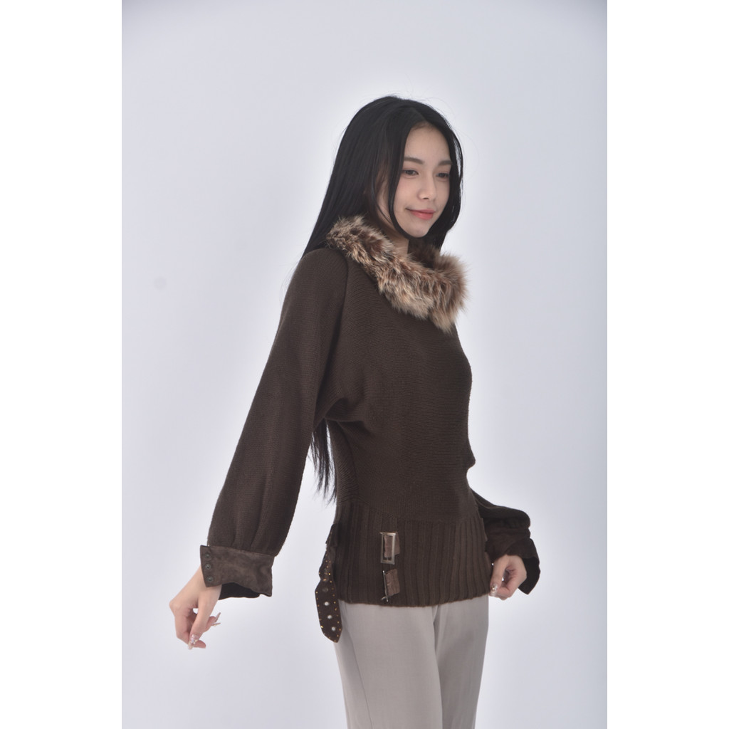 (S) tian lun質感針織領口刷毛棕色長袖上衣二手衣, , large