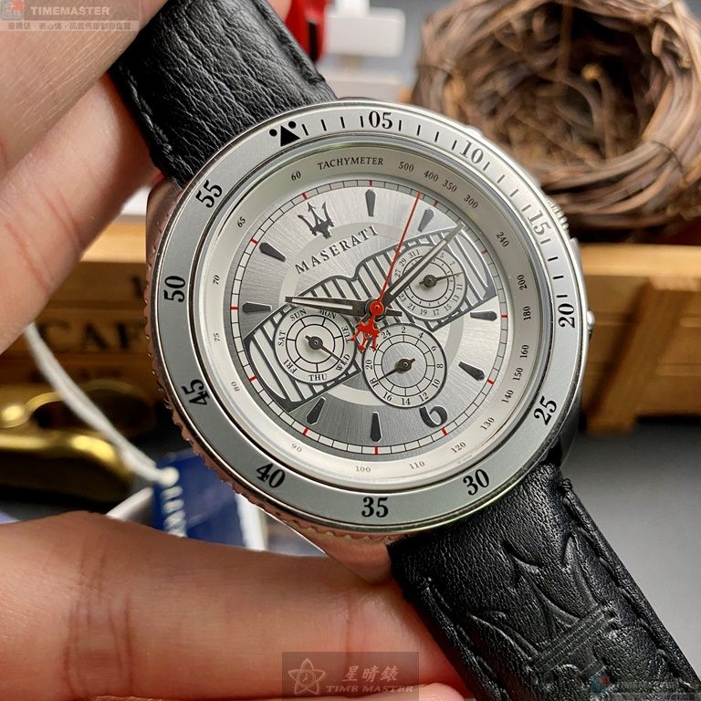 [星晴錶業]MASERATI手錶,46mm,R8851101004銀色錶面銀錶殼深黑色真皮皮革錶帶款, , large