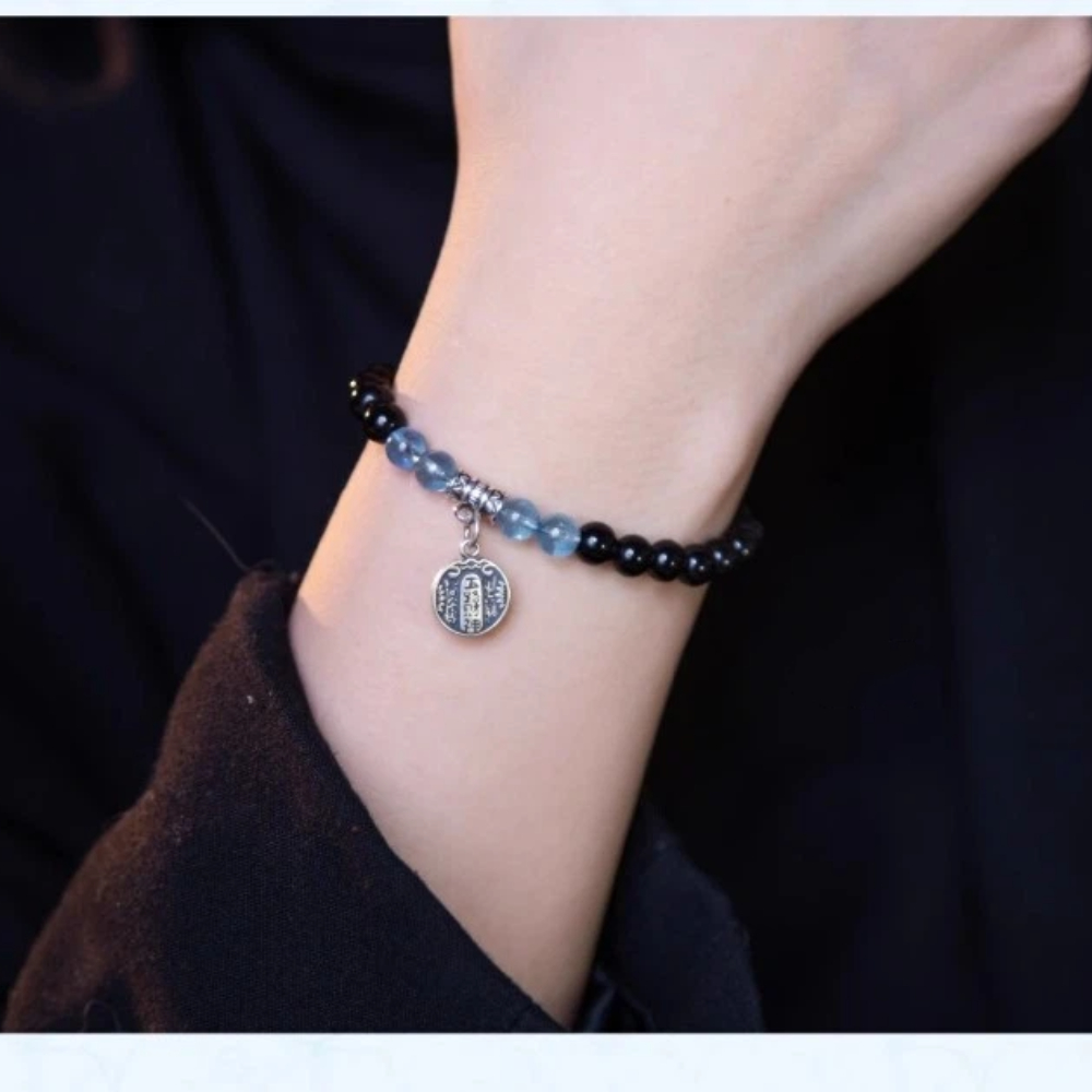 【A&R】招財轉運 天然黑曜石+海藍寶之五路財神手鍊 附精美禮盒 8MM