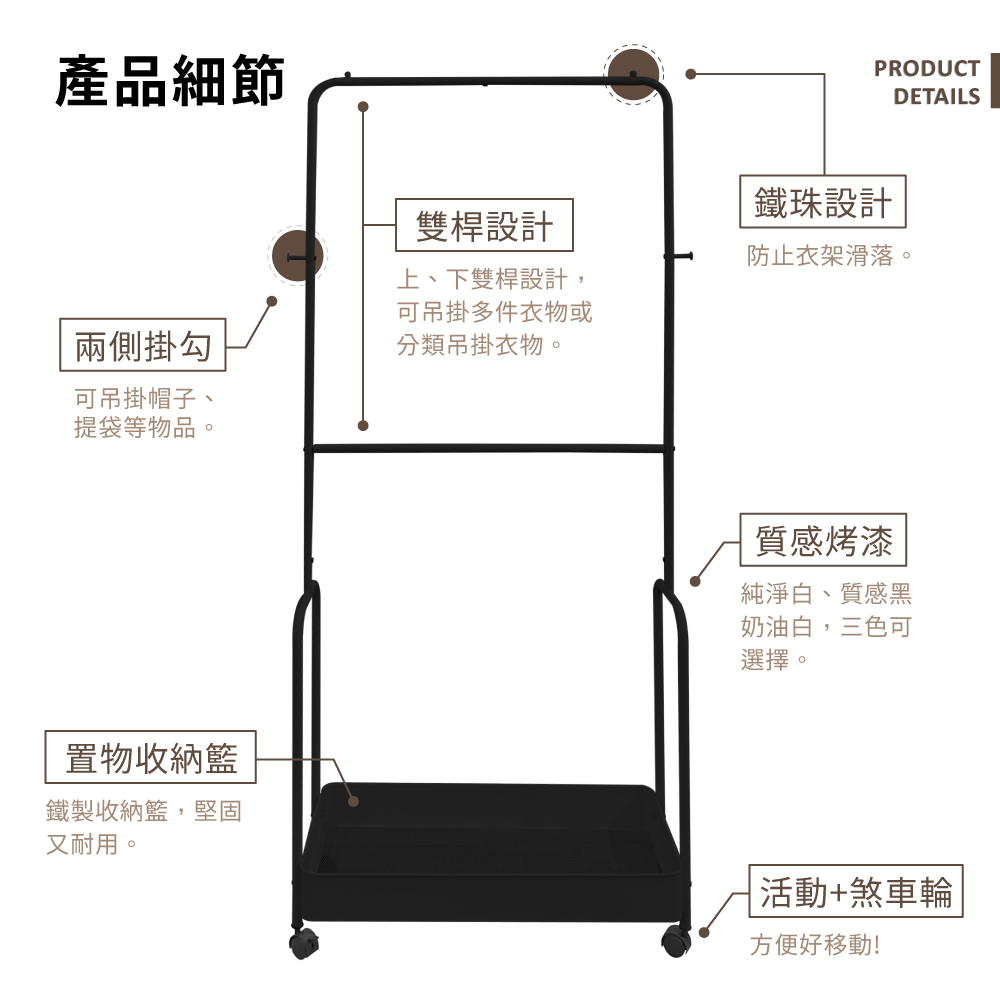 【KIWISH】移動全鐵衣帽架(附置物籃) 多功能掛衣架 臥室掛衣架 晾衣架 收納衣架 雙桿衣架 衣櫥架 吊衣架 落地衣架, , large