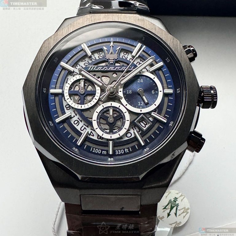 [星晴錶業]MASERATI手錶,46mm,R8873642012寶藍機械鏤空錶面黑錶殼深黑色精鋼錶帶款, , large