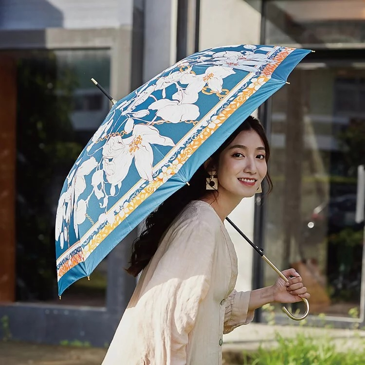 【周周生活】雨傘 現貨 遮陽傘 陽傘 繁花絲巾 直傘 金柄彎頭 晴雨傘 抗uv 傘 輕量雨傘 日本雨傘 快速出貨, , large