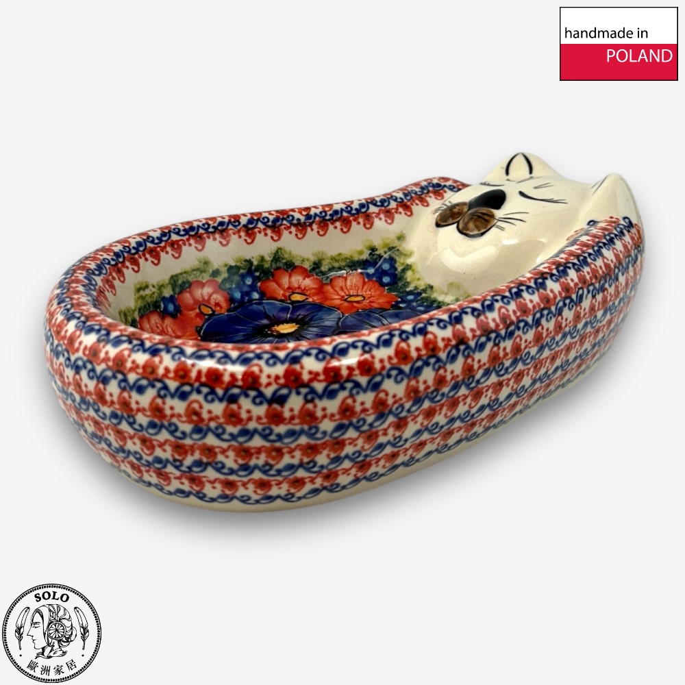【SOLO Vintage】Cerraf Polish Pottery 24cm Cat Bowl Red and Blue Blossoming Elegance Series Made in Poland, , large