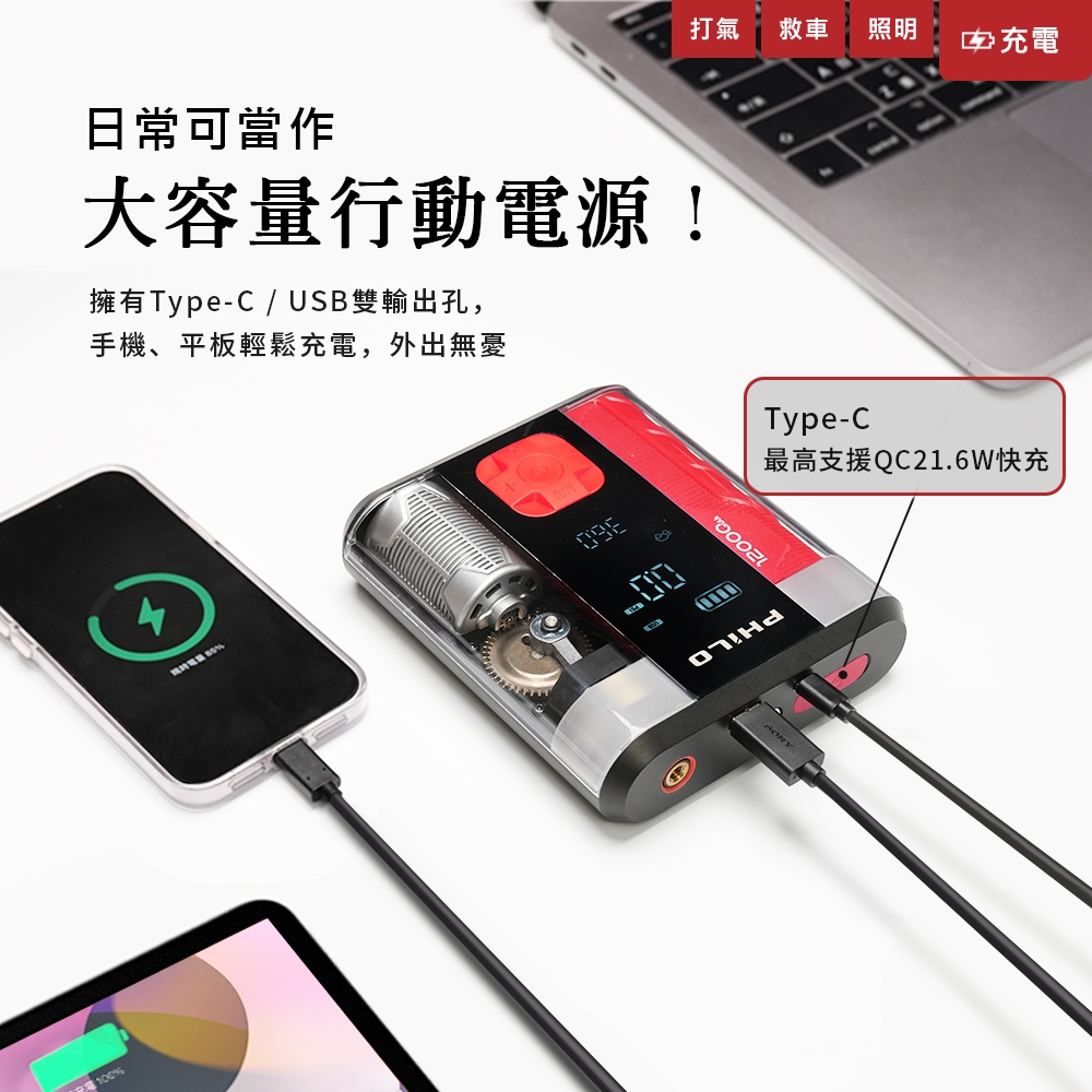 飛樂 2025年式 行車救援王STP12二代 透視版 4in1 多功能12000mAh 汽柴油救車電源+打氣機 贈收納包, , large