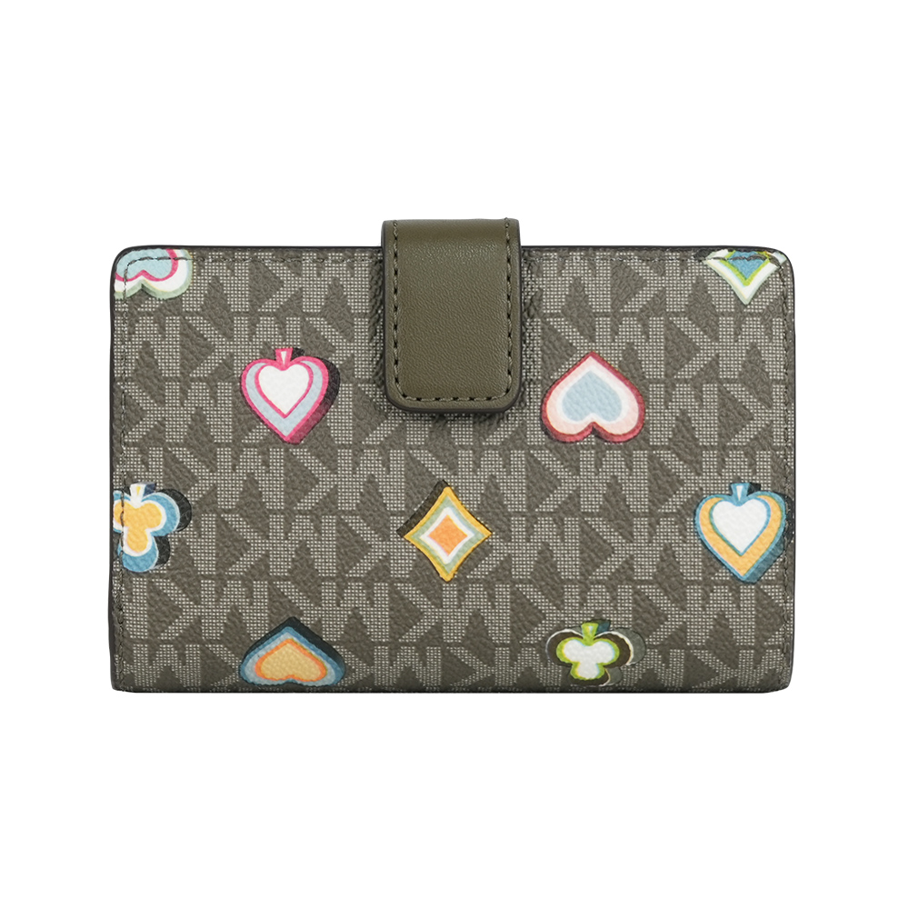 Michael Kors Jet Set 撲克牌花色塗層帆布釦式中夾(橄欖綠), , large