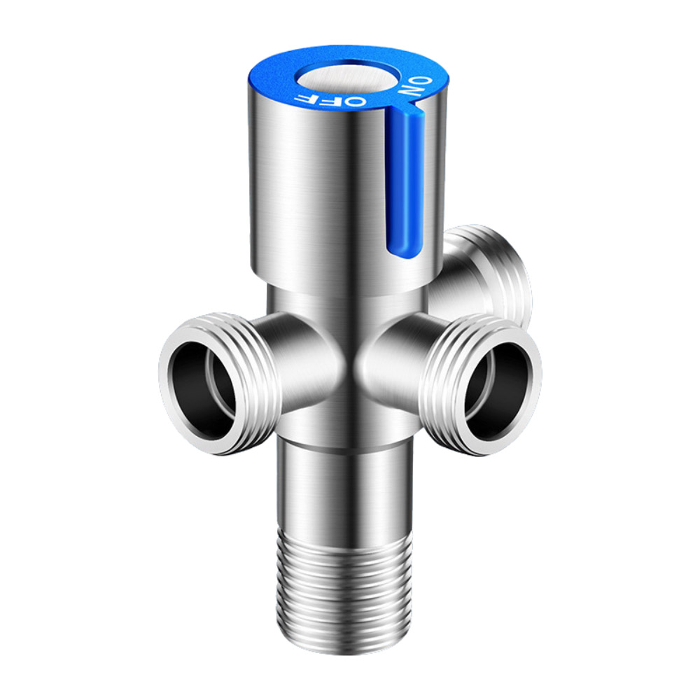 Blue water-saving faucet with one inlet and three outlets, , large