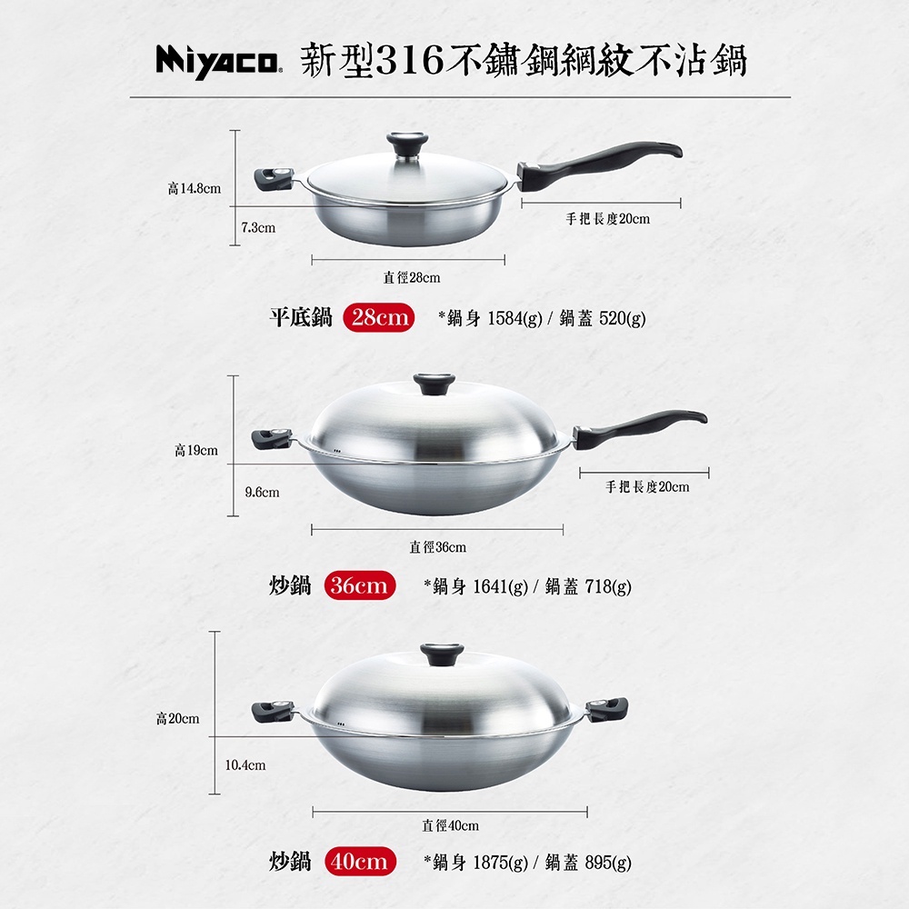 Miyaco 米雅可 新型316不銹鋼網紋不沾炒鍋蜂巢不沾鍋附蓋 40cm-Leidea樂德兒, , large