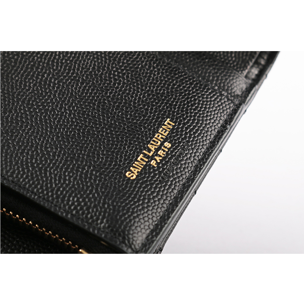 YSL 山形紋荔枝皮金字logo三折短夾(黑色), , large