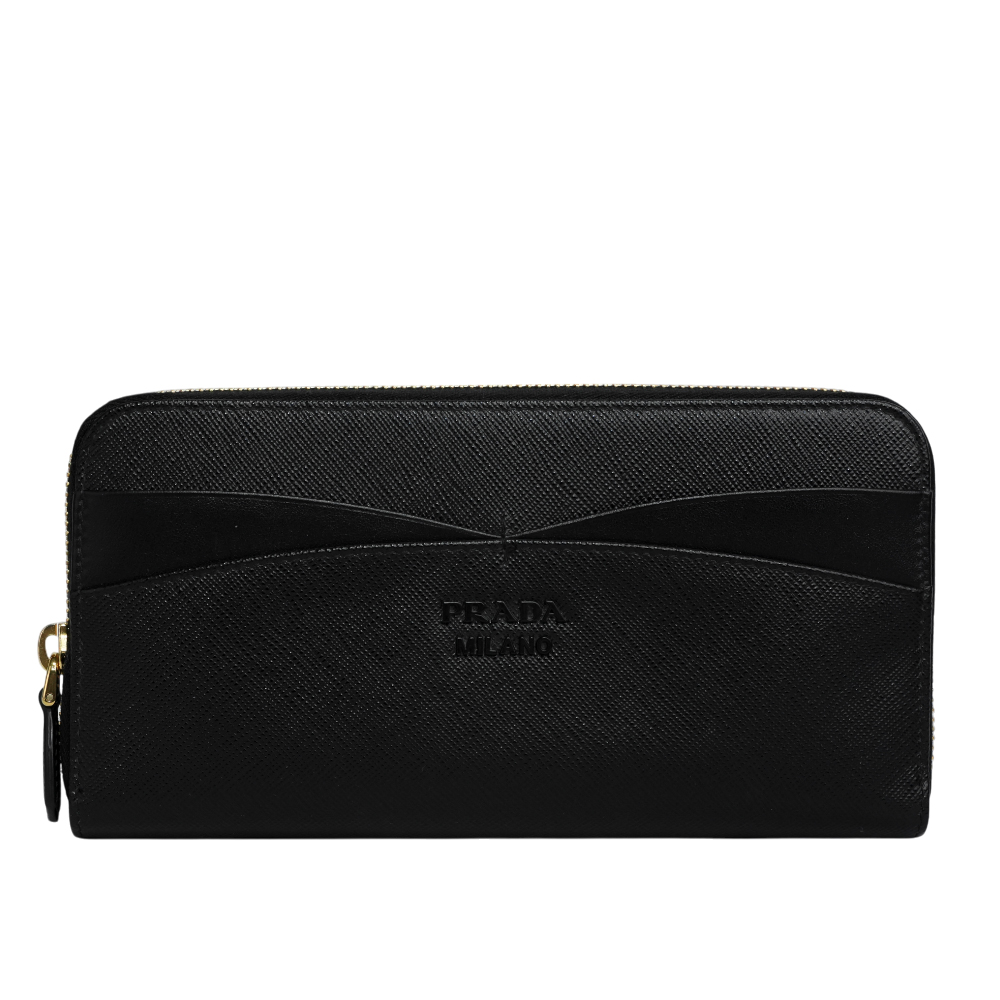 PRADA 徽標Logo 交叉設計防刮皮革ㄇ形拉鍊長夾/黑色, , large