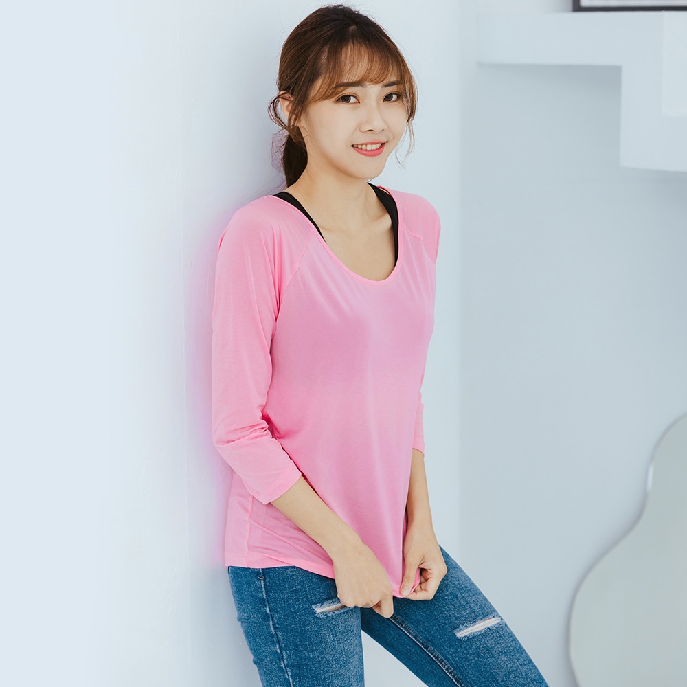 【NEONER】彈性顯瘦修身超輕薄七分袖圓領涼感衣-粉紅(L), , large