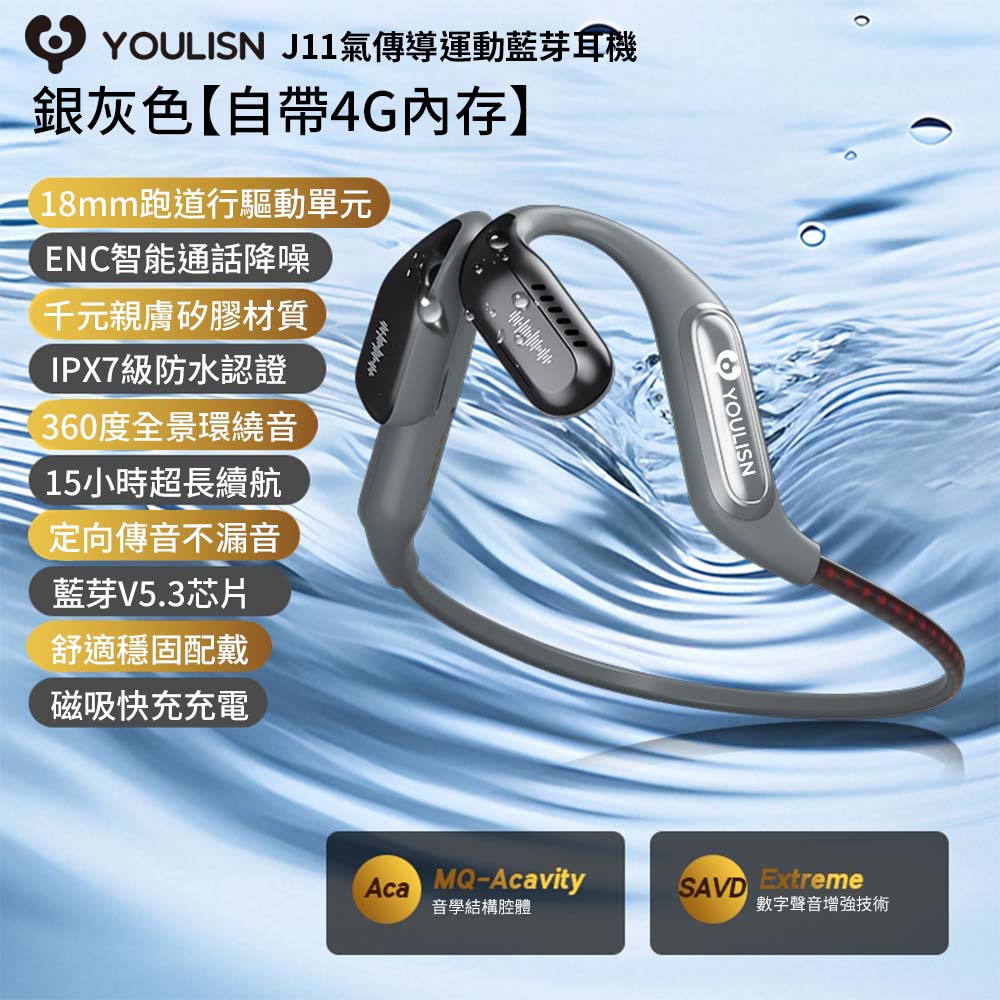 [JIELIEN]【YOULISN優力神】J11氣傳導防水運動藍芽耳機-銀灰, , large