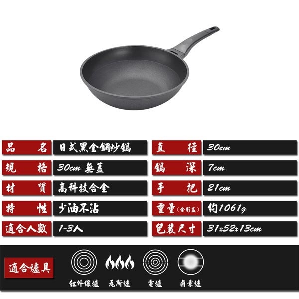 PERFECT 理想牌 日式黑金鋼炒鍋不沾炒鍋附蓋 附蓋30cm-Leidea樂德兒, , large