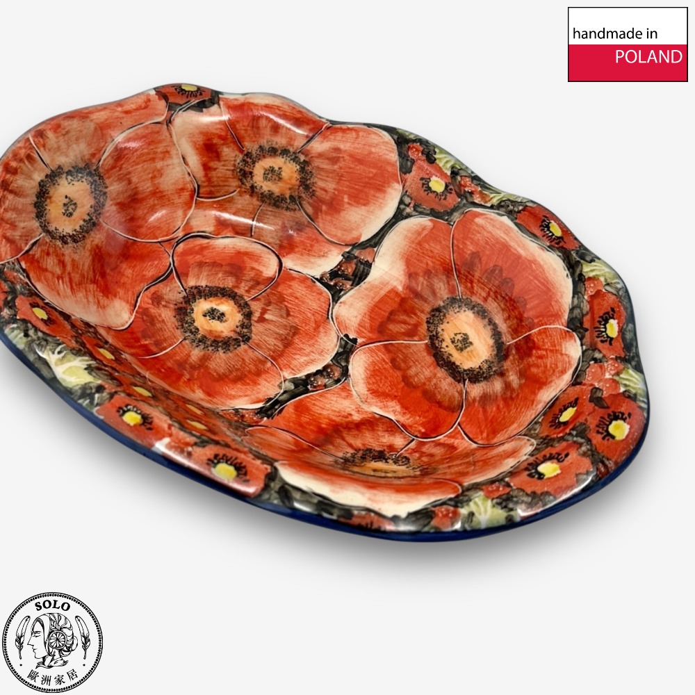 【SOLO Vintage】Cerraf Polish Pottery 26cm Oval Plate Crimson Sunset Floral Whisper Series Made in Poland, , large