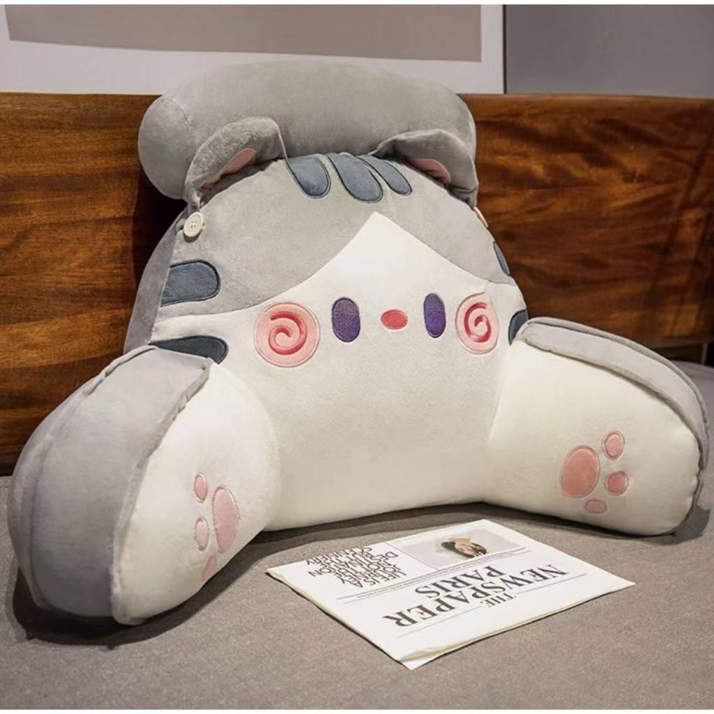 腰靠枕【灰白條紋貓-65*40CM 】 可拆枕套 附贈頸枕 護腰枕 椅背枕 靠枕 65*40CM 腰靠 水晶超柔 大眼狗 大眼貓 靠枕, , large