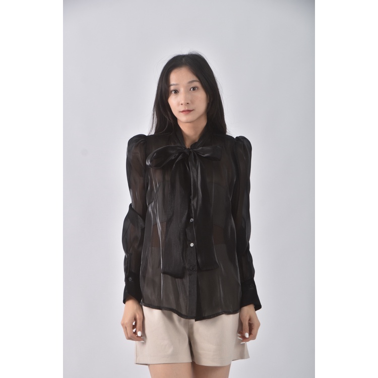 (S) 質感綁帶黑色長袖上衣二手衣
