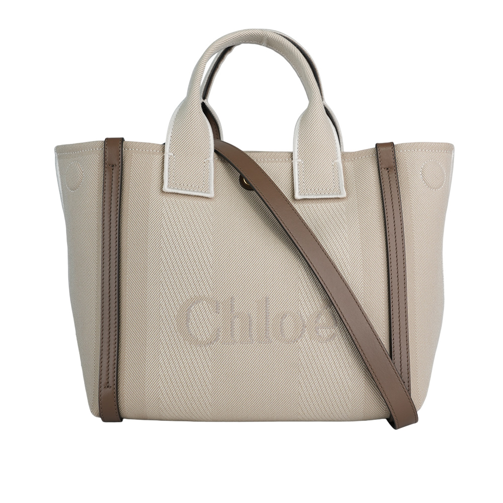 CHLOE' Carry 刺繡標誌帆布小款手提/斜背二用托特包/米色, , large