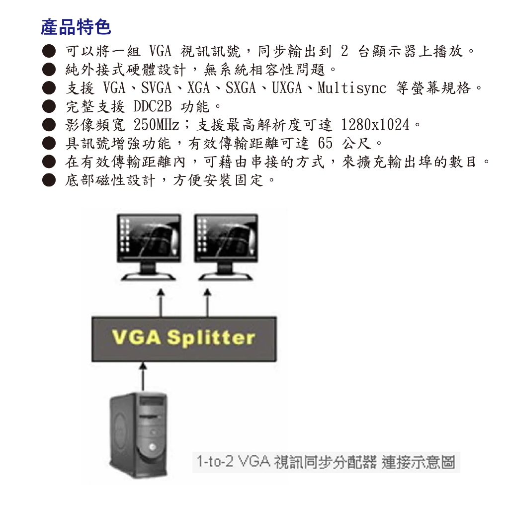 昌運監視器 HANWELL VS-201A 影音訊號分配器 最遠可達65公尺 VGA1入2出 (以新款VS12出貨), , large