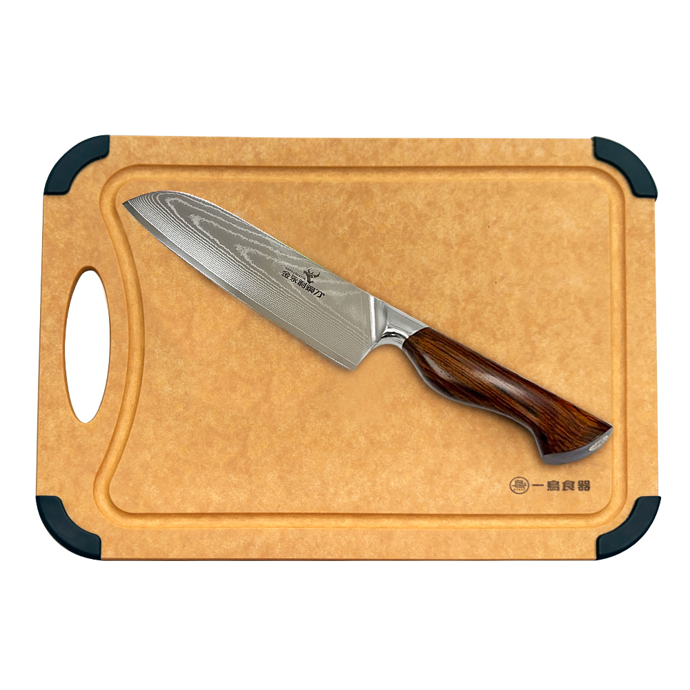 【金永利鋼刀】NK3a人體工學橄欖木柄/大馬士革鋼 三德刀＋一鳥砧板 料理組, , large