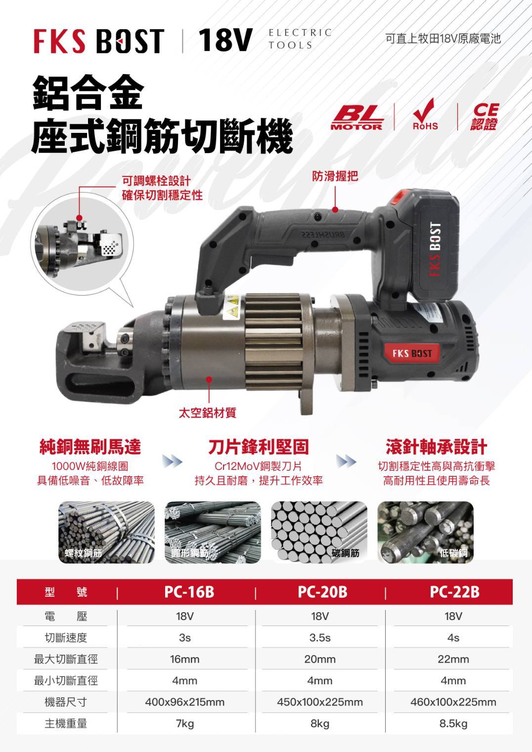 WIN五金 FKS BOST 18V無刷座式鋼筋切斷機<PC-20B+4.0電池套組>螺桿切斷 鋼筋切斷 鋼筋剪斷 金屬切斷機 圓棒切斷, , large