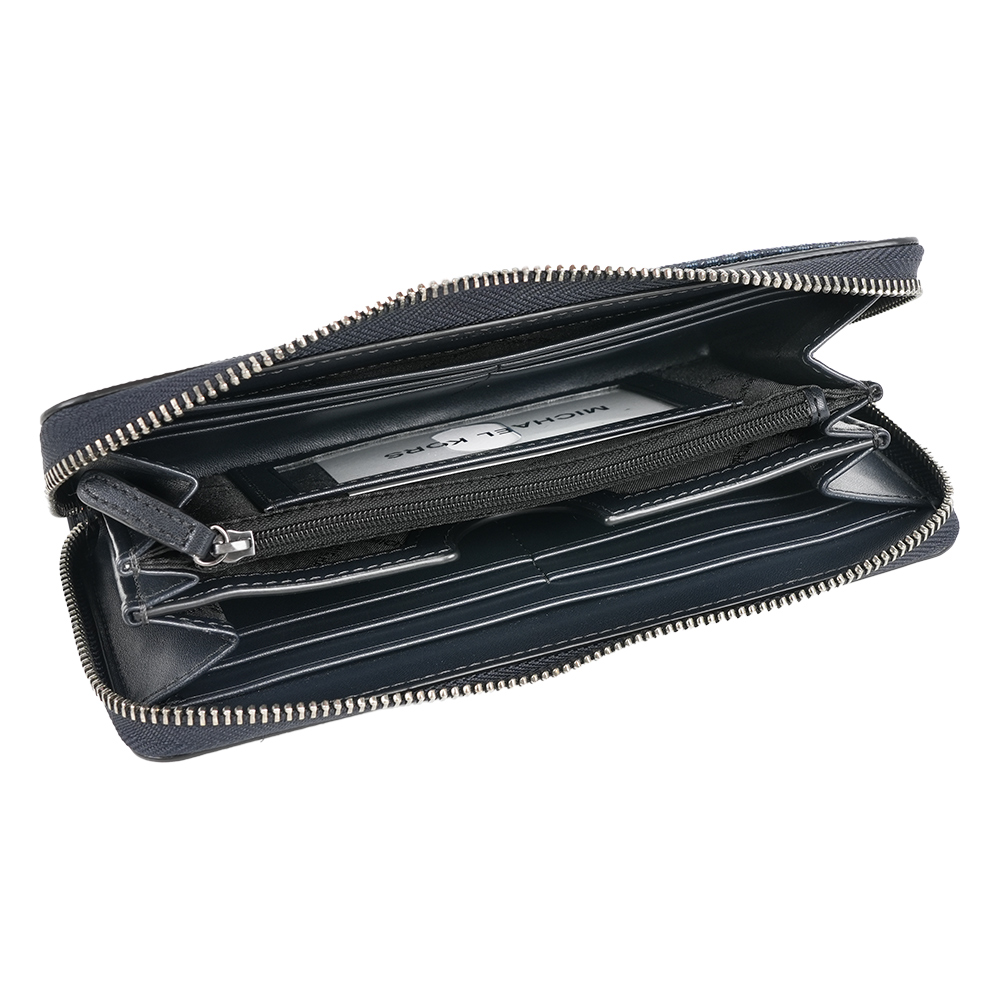 Michael Kors Cooper 銀字滿版塗層帆布ㄇ形拉鍊直式長夾(深藍色), , large