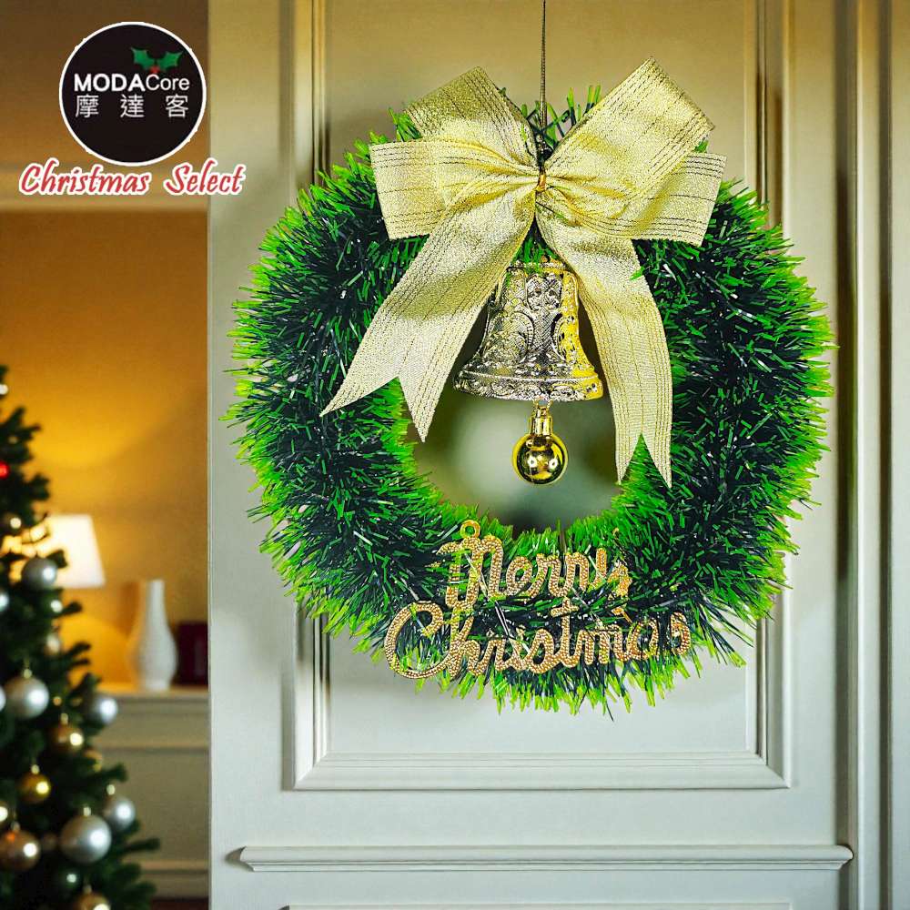 摩達客11吋森林雙綠漸層系金蔥彎絲聖誕花圈_台灣工藝免組裝_本島免運費, , large