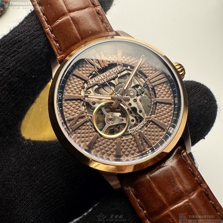 [星晴錶業]Kenneth Cole手錶,44mm,KCWGE2122404古銅色錶面玫瑰金錶殼咖啡色真皮皮革錶帶款
