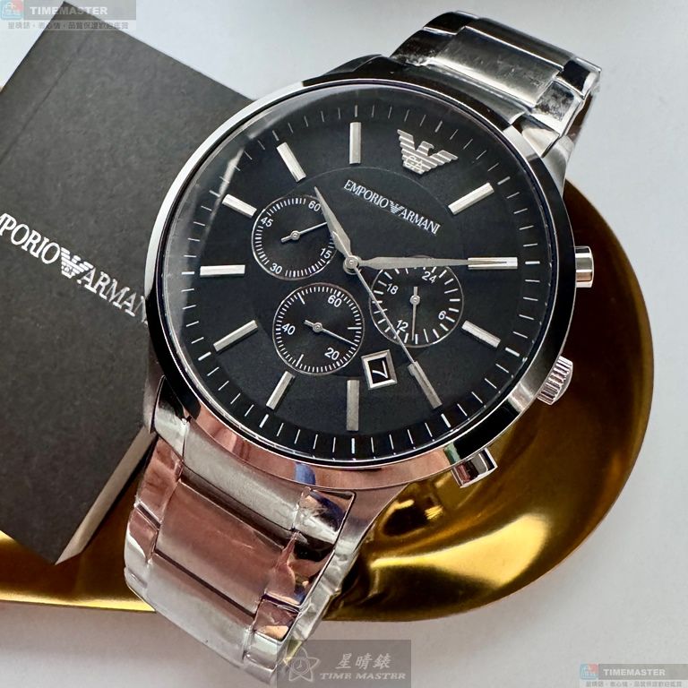 [星晴錶業]ARMANI手錶,46mm,AR00075黑色錶面銀錶殼銀色精鋼錶帶款, , large